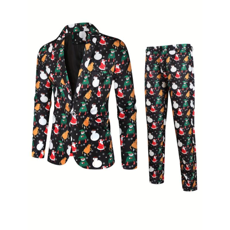 2-Piece Men's Stylish Christmas Polyester Suit Set: Digital Print Blazer and Pants Party Outfit