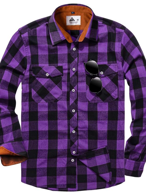 Men's Plaid Print Button Front Shirt, Shirts for Men, 2000s Shirts, School Tops, Regular Fit Casual Long Sleeve Pocket Collar Top for Fall, Fall Clothes, Fashion Fall Men's Clothes for Daily Wear, Vintage Clothing