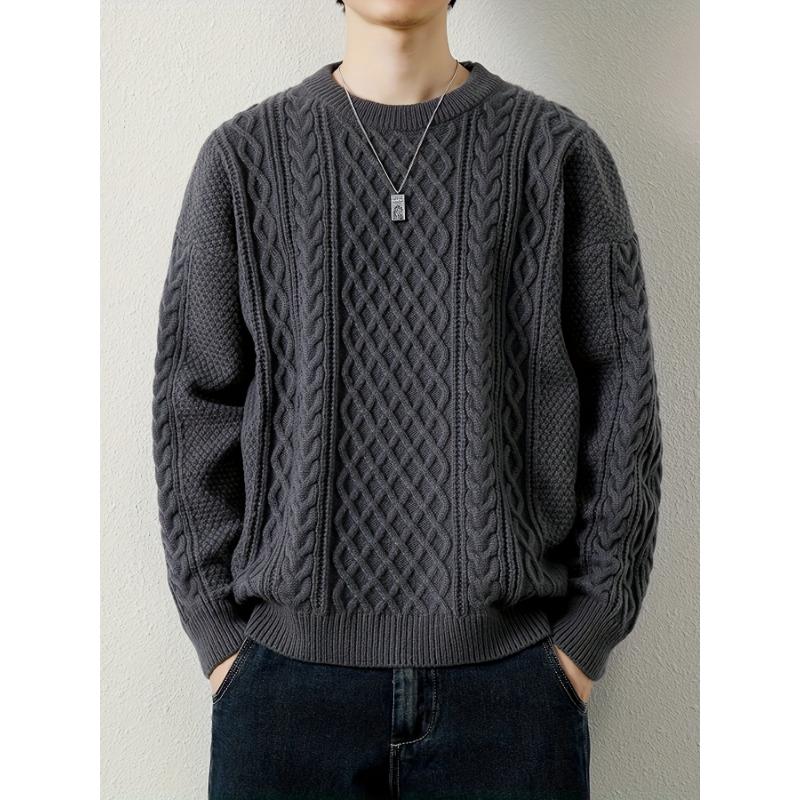 Men's Loose Solid Knitted Pullover, Casual Long Sleeve Crew Neck Sweater For Fall Winter Fabric Knitwear