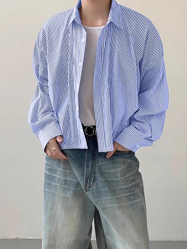 Men's Striped Print Button Front Shirt, Loose Casual Drop Shoulder Long Sleeve Collared Top for Daily Wear, Men's Clothes for All Seasons