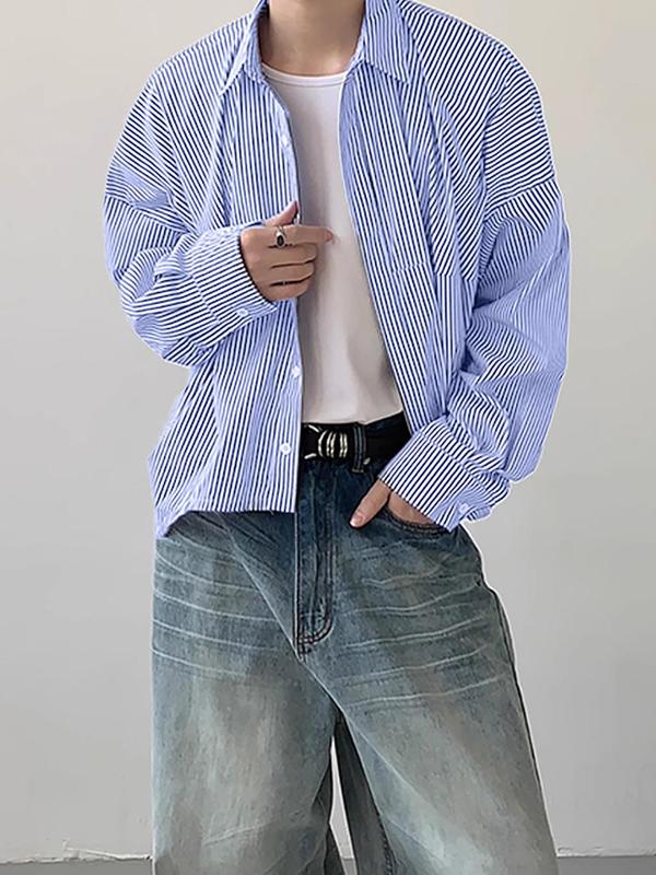 Men's Striped Print Button Front Shirt, Loose Casual Drop Shoulder Long Sleeve Collared Top for Daily Wear, Men's Clothes for All Seasons
