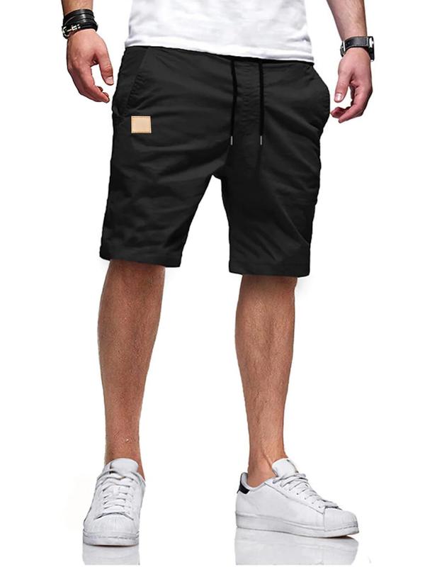 Men's Letter Patched Pocket Drawstring Waist Shorts, Casual Loose Solid Straight Leg Shorts for Summer, Woven Bottoms for Men