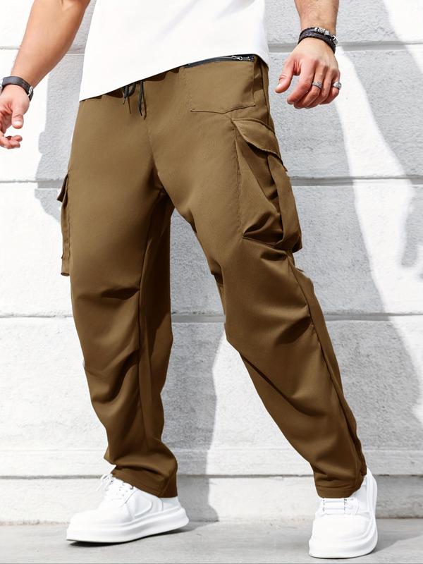  Men's Solid Flap Pocket Cargo Pants, Casual Streetwear Regular Fit Drawstring Waist Jogger Pants for Daily Wear, Pants for Men, Men's Trousers for Fall, Fall Bottoms 2024