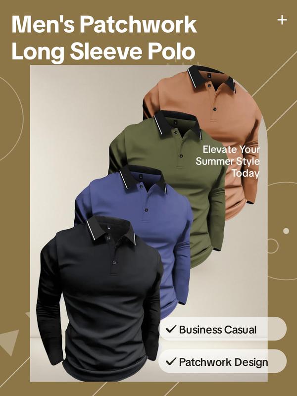 Men's Patchwork Long Sleeve Polo Shirt, Regular Fit Casual Button Front Collared Top for Summer, Fashion Men's Clothes for Daily Wear