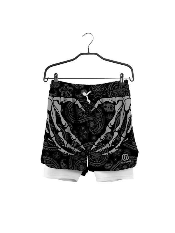 Men's Skeleton Hands Print Drawstring Waist 2 IN 1 Shorts, Loose Casual Pocket Shorts for Summer, Men's Bottoms for Daily Wear