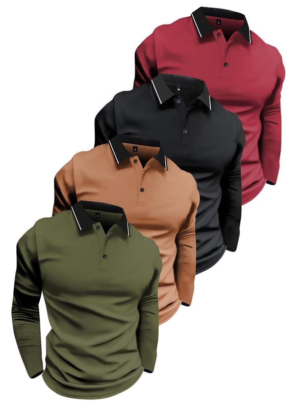 Men's Patchwork Long Sleeve Polo Shirt, Regular Fit Casual Button Front Collared Top for Summer, Fashion Men's Clothes for Daily Wear