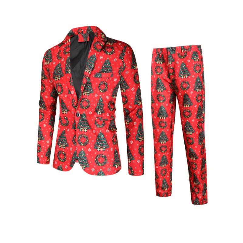 2-Piece Men's Stylish Christmas Polyester Suit Set: Digital Print Blazer and Pants Party Outfit