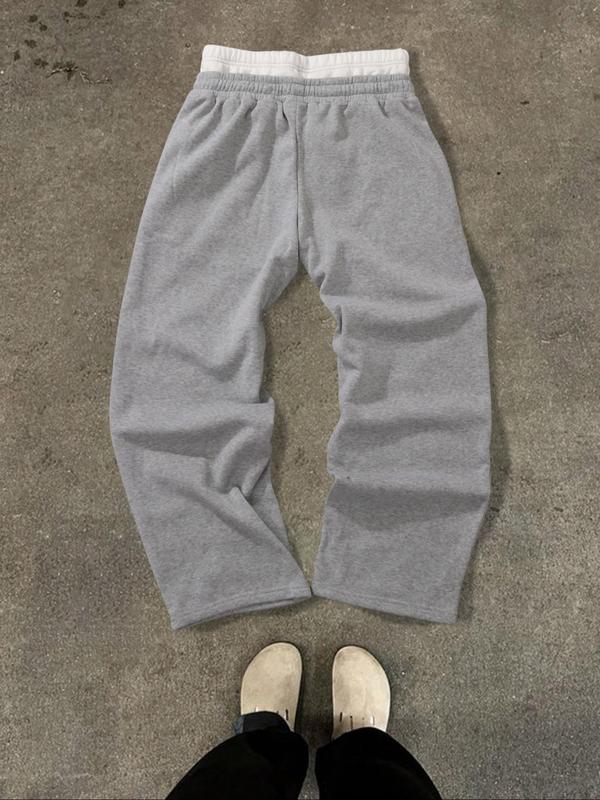 Men's Patchwork Drawstring Waist Lounge Pants, Casual Comfy Regular Fit Pocket Trousers for Fall & Winter, Men's Sleepwear for Indoor Wear