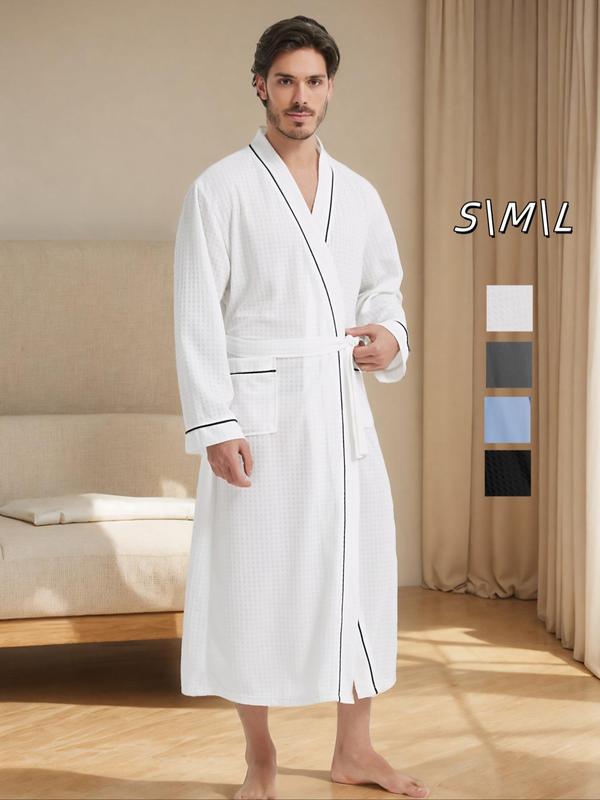 Men's Contrast Binding Pocket Belted Lounge Robe, Casual Soft Comfortable Long Sleeve V Neck Dressing Gown, Men's Sleepwear for All Seasons