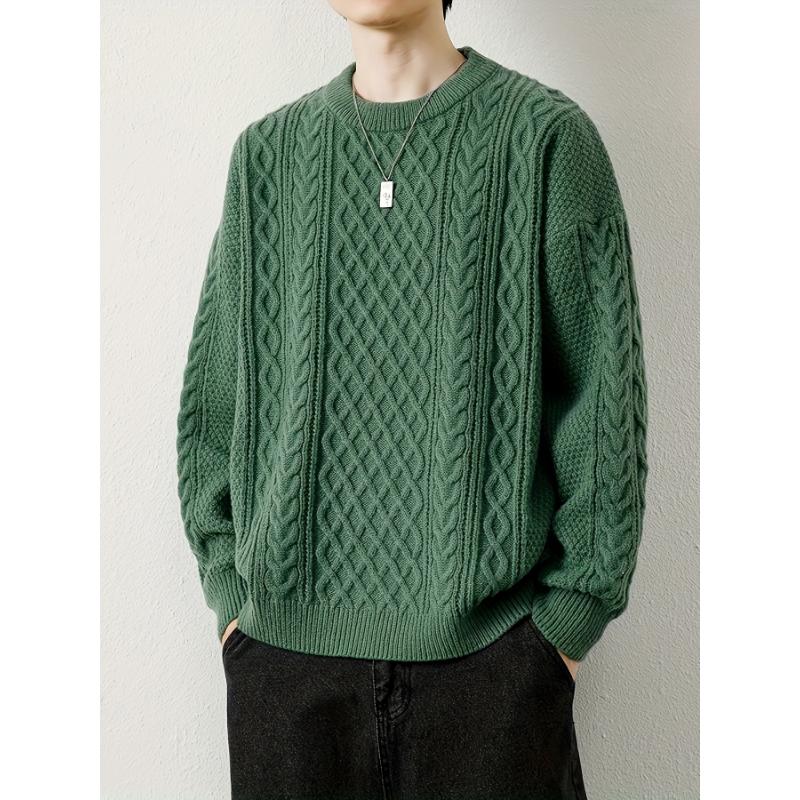 Men's Loose Solid Knitted Pullover, Casual Long Sleeve Crew Neck Sweater For Fall Winter Fabric Knitwear