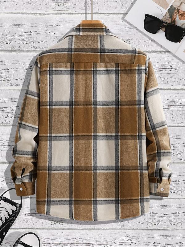 Men's Plaid Print Button Front Pocket Shirt, Regular Fit Casual Long Sleeve Collared Top for Fall & Winter, Men's Clothes for Daily Wear