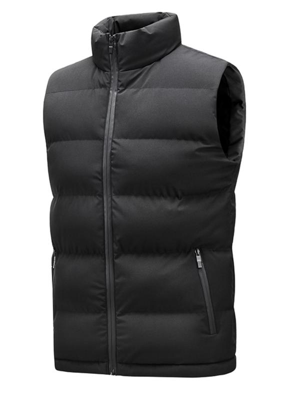 Men's Solid Zip Up Funnel Neck Warm Gilet, Regular Fit Casual Pocket Design Sleeveless Outerwear for Fall & Winter, Men's Clothes for Daily Wear