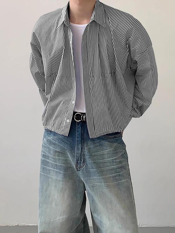 Men's Striped Print Button Front Shirt, Loose Casual Drop Shoulder Long Sleeve Collared Top for Daily Wear, Men's Clothes for All Seasons