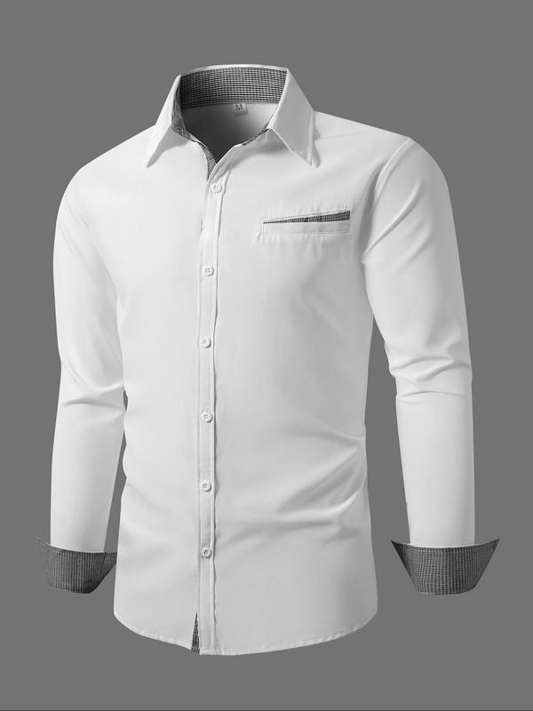 Men's Solid Color Pocket Button Front Shirt,   Casual Long Sleeve Collared Top for Fall & Winter, Men's Clothes for Daily Wear