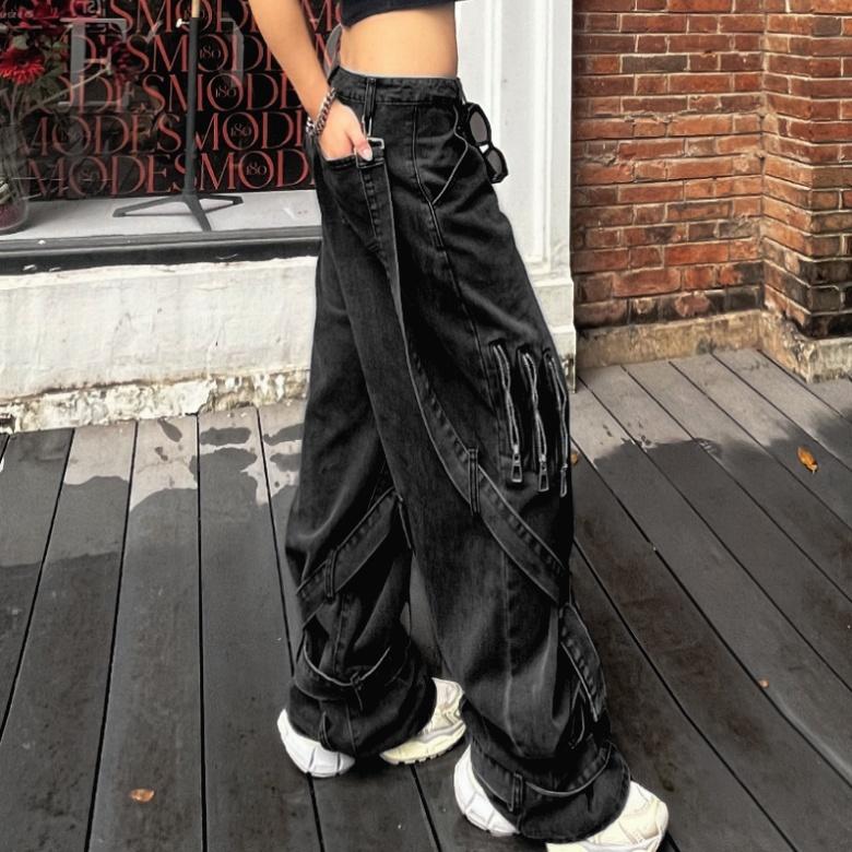 Men's and women's Y2K streetwear with gothic and grunge styles. Features multi-strappy baggy pants, customized cotton polyester pieces. Personalized