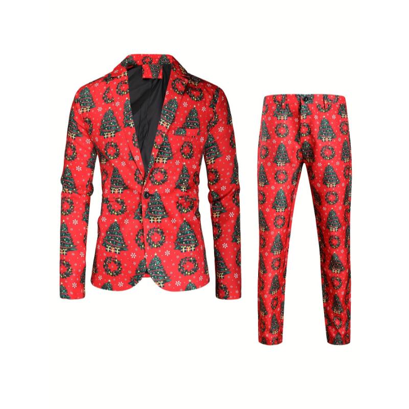 2-Piece Men's Stylish Christmas Polyester Suit Set: Digital Print Blazer and Pants Party Outfit