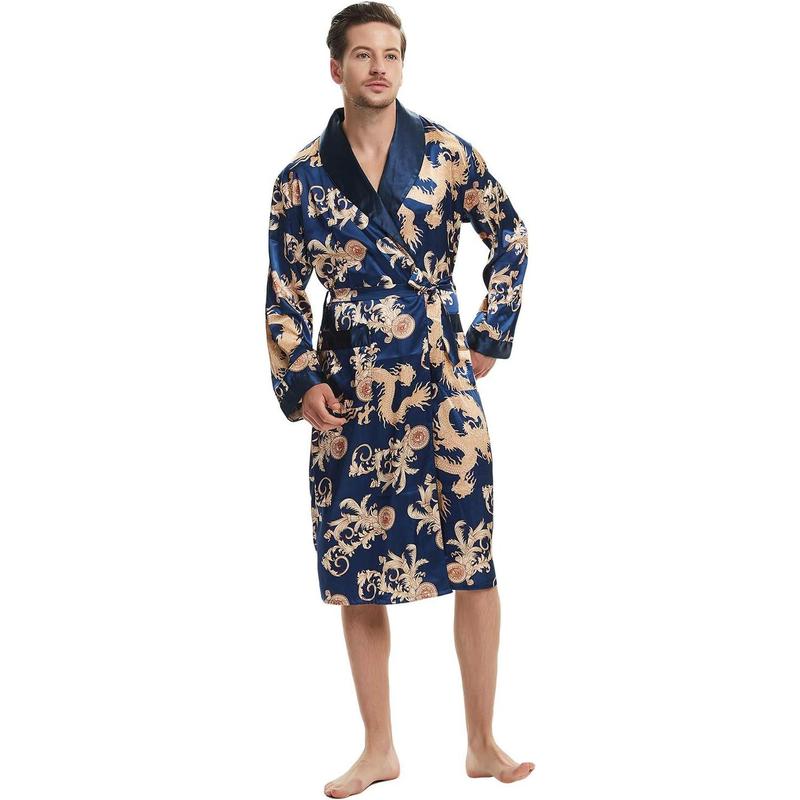 Men's Satin Robe Dragon Luxurious Silk Spa Long Sleeve House Kimono Bathrobe