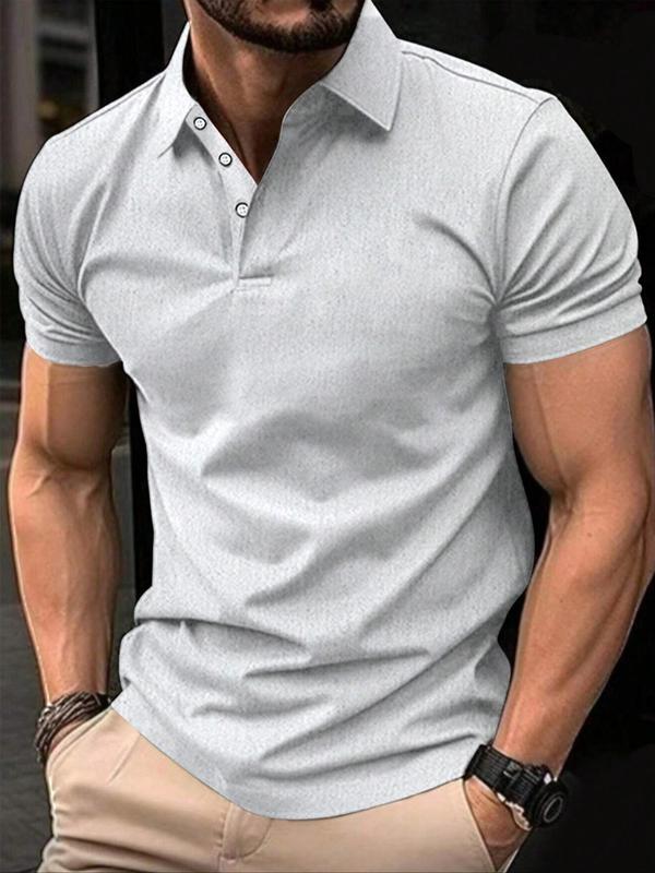 Men's Solid Short Sleeve Polo Shirt, Regular Fit Casual Button Front Collared Top for Summer, Fashion Men's Clothes for Daily Wear