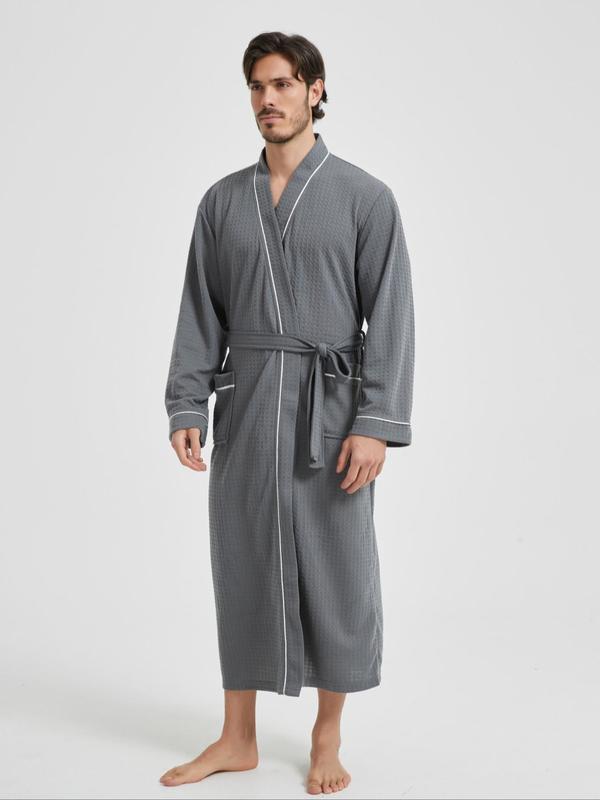 Men's Contrast Binding Pocket Belted Lounge Robe, Casual Soft Comfortable Long Sleeve V Neck Dressing Gown, Men's Sleepwear for All Seasons