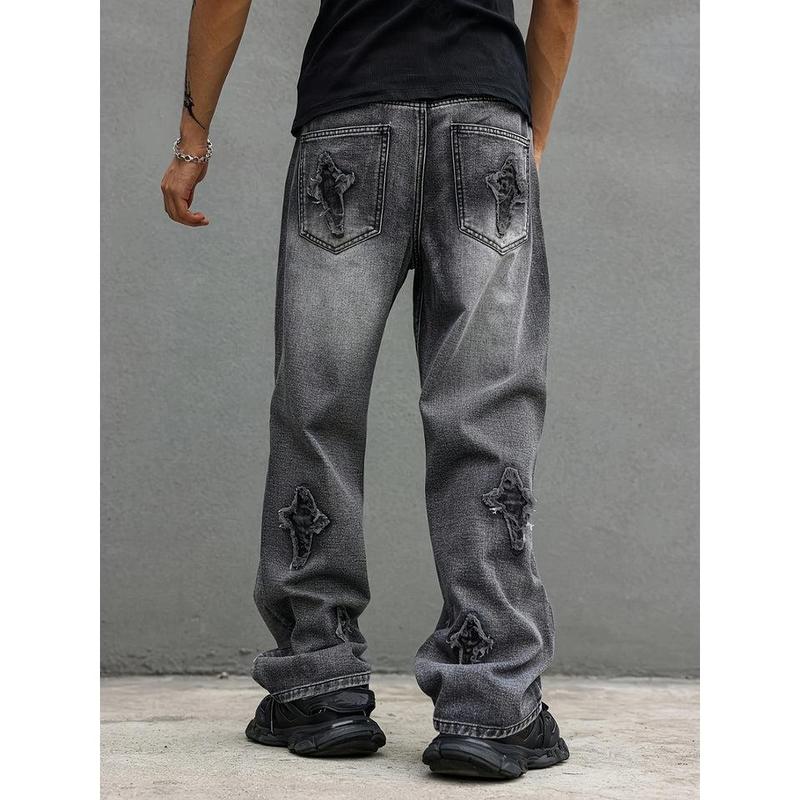 Men's Casual Wide-Leg Jeans with Embroidered Detail - Blend, Machine Washable