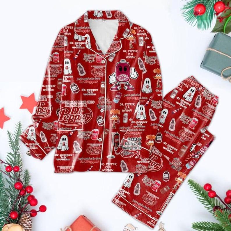 Dr. Pepper Inside Out Anxiety Christmas Pajamas Set,  Holiday Shirt, Drink Long Sleeve Pajamas, Soda Lovers Shirt, Holiday Gift