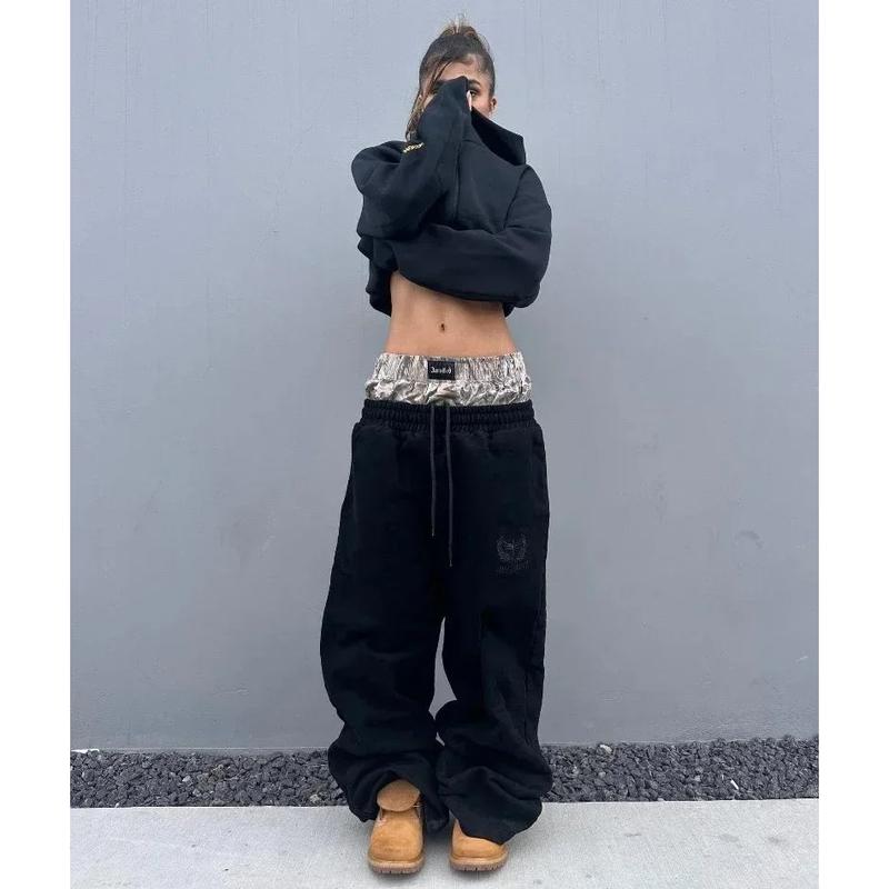 Y2K pants vintage Harajuku double Embroidered waist Sweatpants Men Wome Hip Hop Casual High waisted Wide Leg Pants Streetwear