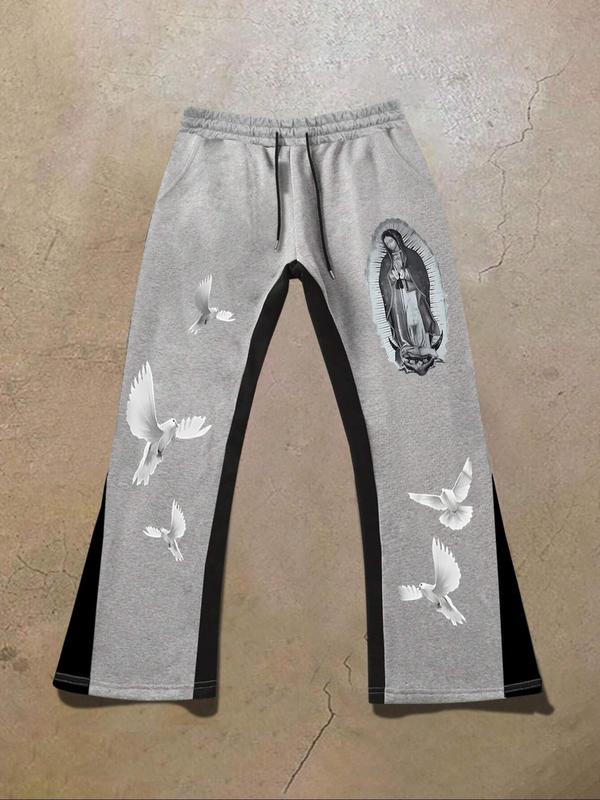 Men's Colorblock & Virgin Mary & Dove Print Drawstring Waist Flare Leg Pants, Regular Fit Casual Pocket Design Trousers for Daily Wear, Men's Bottoms for Fall & Winter