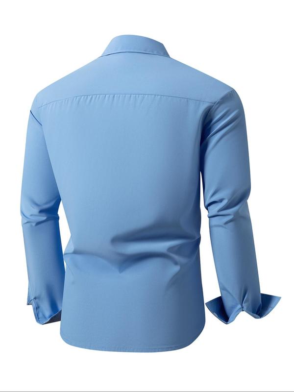 Men's Solid Color Pocket Button Front Shirt,   Casual Long Sleeve Collared Top for Fall & Winter, Men's Clothes for Daily Wear