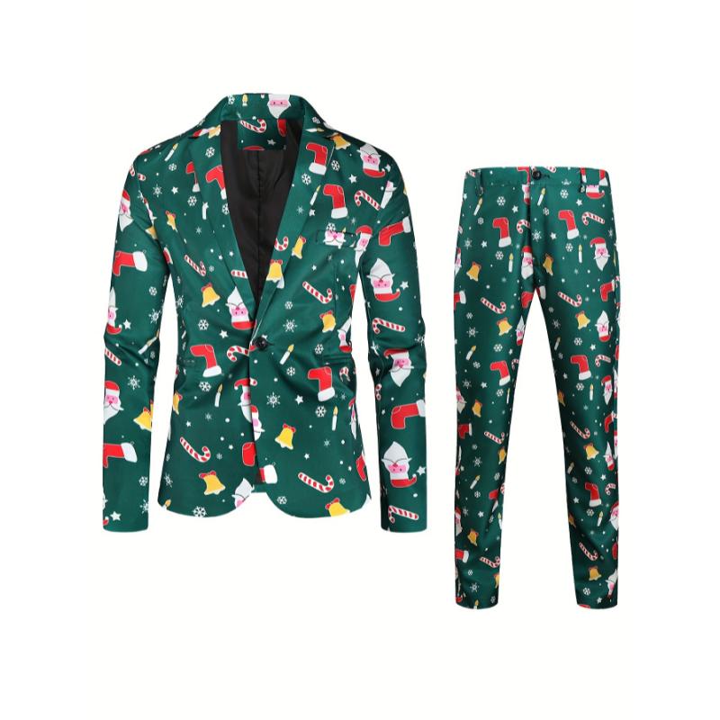 2-Piece Men's Stylish Christmas Polyester Suit Set: Digital Print Blazer and Pants Party Outfit