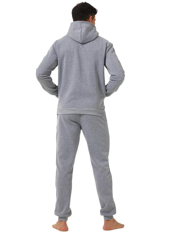 Two-piece Set Men's Solid Long Sleeve Thermal Lined Hoodie & Drawstring Waist Pants Loungewear, Casual Comfy Elastic Waist Pocket Design Sleepwear Set for Fall & Winter, Men's Sleepwear for Indoor Wear