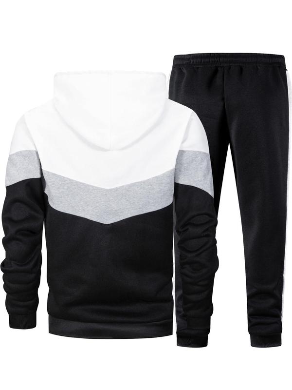 Men's Colorblock Hoodie & Drawstring Waist Sweatpants Two-piece Set, Regular Fit Casual Long Sleeve Hooded Sweatshirt & Pocket Jogger Pants, Men's Fall & Winter Clothes