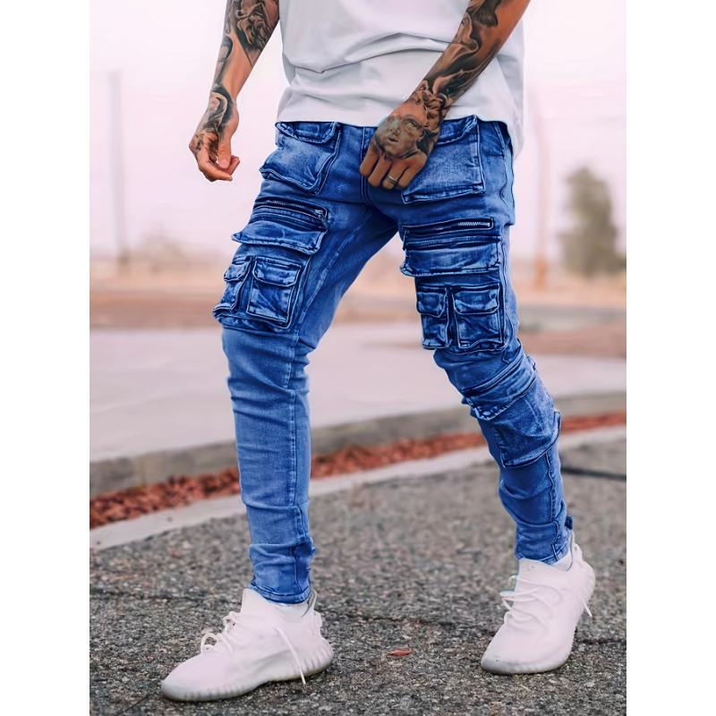 Men's Casual Slim Fit Harem Jeans, Fashionable Street Stretch Multi-pocket Motorcycle Pants