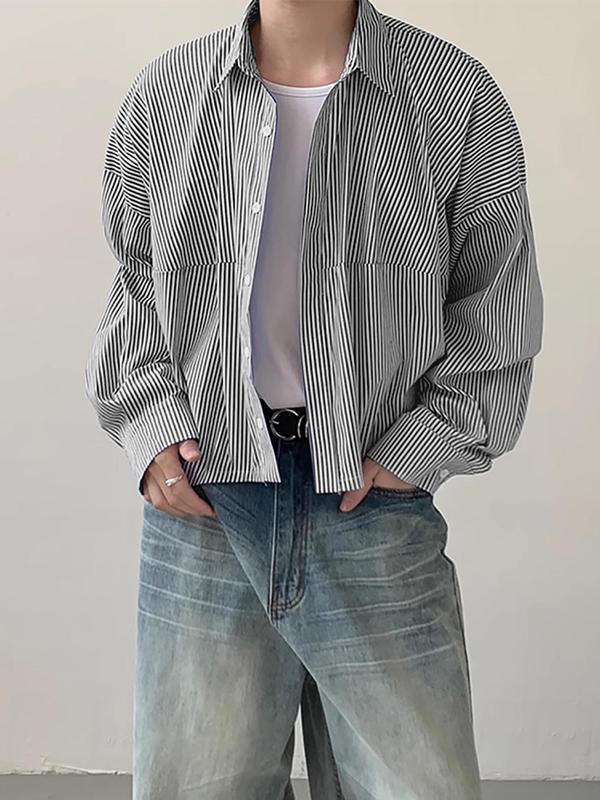 Men's Striped Print Button Front Shirt, Loose Casual Drop Shoulder Long Sleeve Collared Top for Daily Wear, Men's Clothes for All Seasons