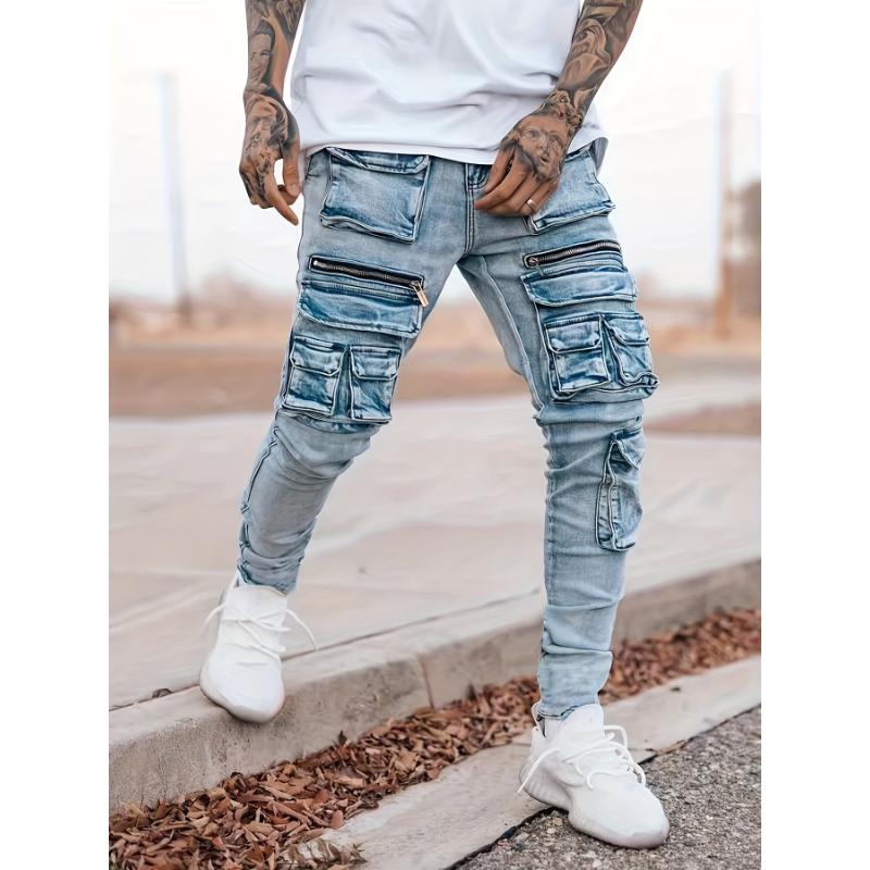 Men's Casual Slim Fit Harem Jeans, Fashionable Street Stretch Multi-pocket Motorcycle Pants