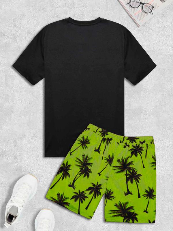 2 Counts Men's Coconut Print Tee & Shorts Suits Set, Round Neck Short Sleeve T-shirt Tops & Drawstring Waist Shorts Set, Back-to-school Clothing, Men Outfits for Beach Vacation Formal Wear, Summer Outfits, Menswear, Starboy Outfit Men