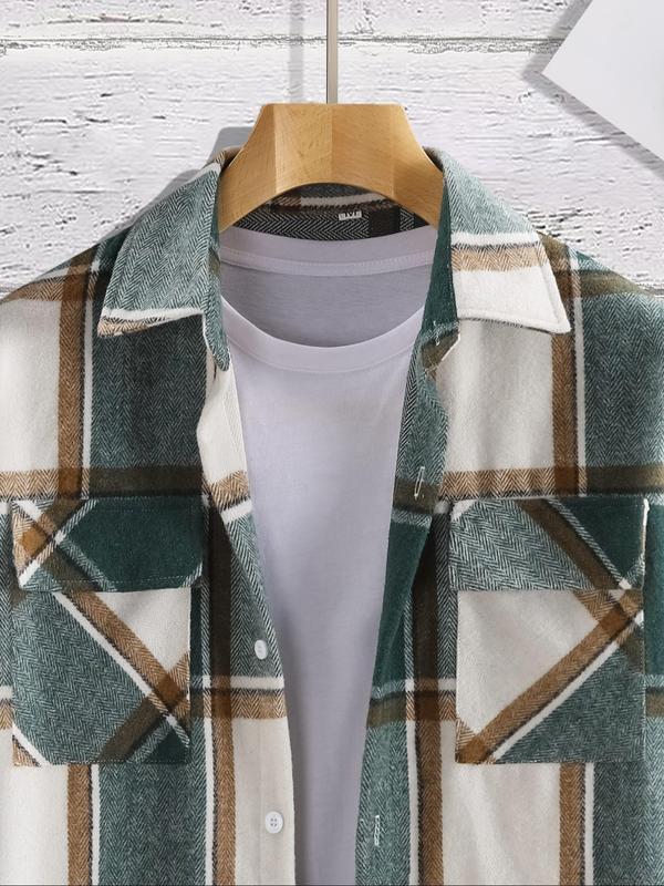 Men's Plaid Print Button Front Pocket Shirt, Regular Fit Casual Long Sleeve Collared Top for Fall & Winter, Men's Clothes for Daily Wear