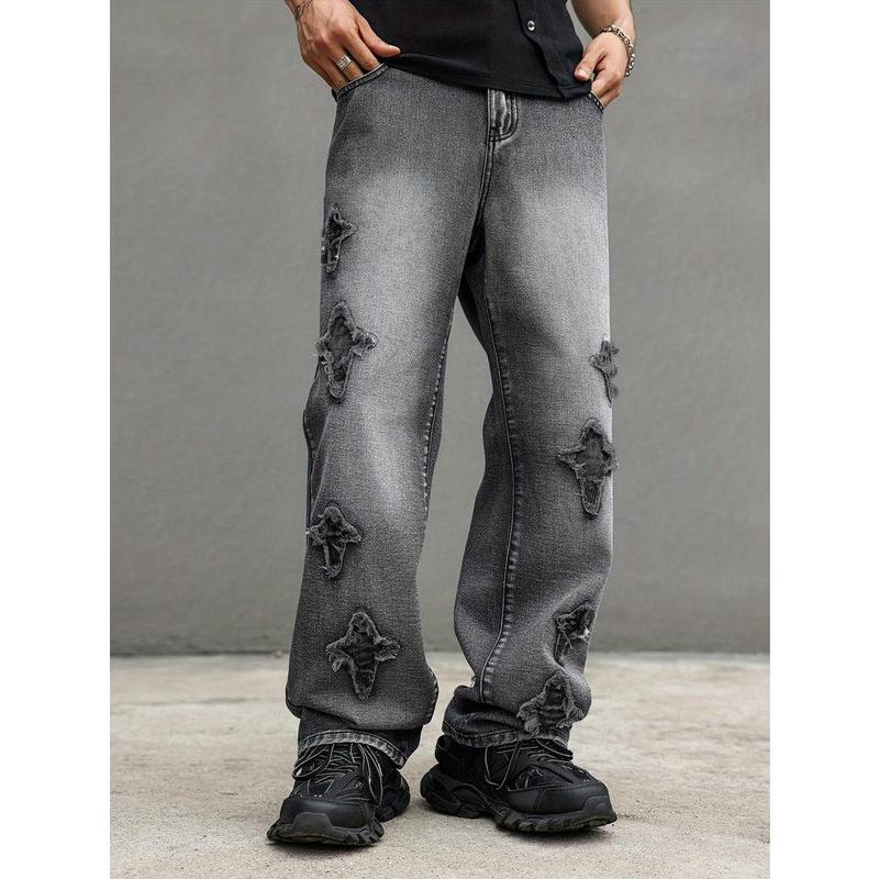 Men's Casual Wide-Leg Jeans with Embroidered Detail - Blend, Machine Washable