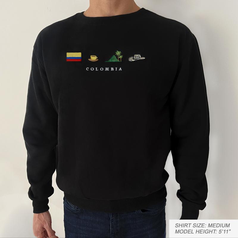 Colombia Embroidery Sweatshirt, Cozy, Black, Sombrero Vueltiao, Cafe Eje Cafetero, Palma de Cera, Andes, Vallenato, Accordion, Arepa, Medellin, Cartagena, Bogota, Cali, Paisa, Parce, Rolo, Gift, Symbol Stitch Crewneck Unisex