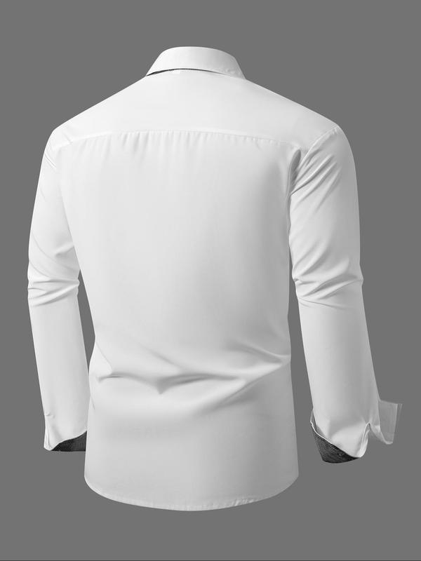 Men's Solid Color Pocket Button Front Shirt,   Casual Long Sleeve Collared Top for Fall & Winter, Men's Clothes for Daily Wear