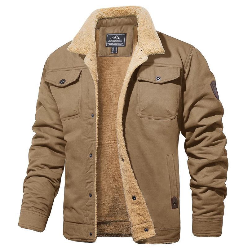 Men's Winter Jacket Sherpa Lined Jacket Warm Trucker Coat Multi Pocket Casual Collared Menswear Tops Men's Fleece-lined Cotton Casual Jacket