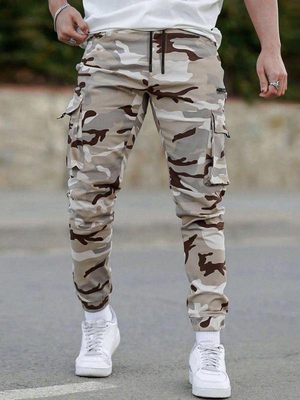 Men's Camo Print Drawstring Waist Cargo Pants, Street Fashion Casual Multi-Pocket Trousers for Daily Wear, Men's Bottoms for All Seasons, Fall Outfits, Fallfreshness