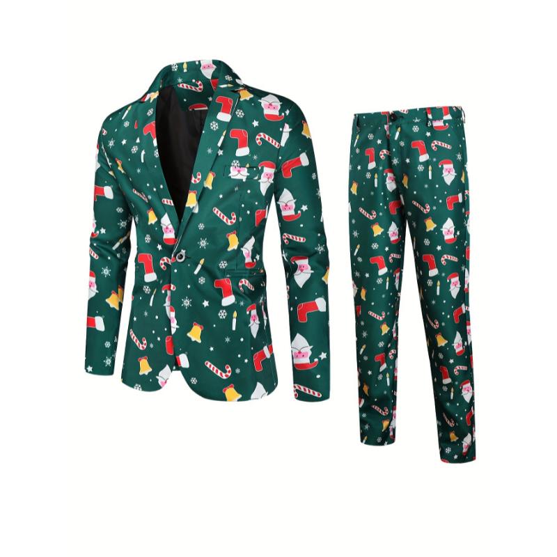 2-Piece Men's Stylish Christmas Polyester Suit Set: Digital Print Blazer and Pants Party Outfit