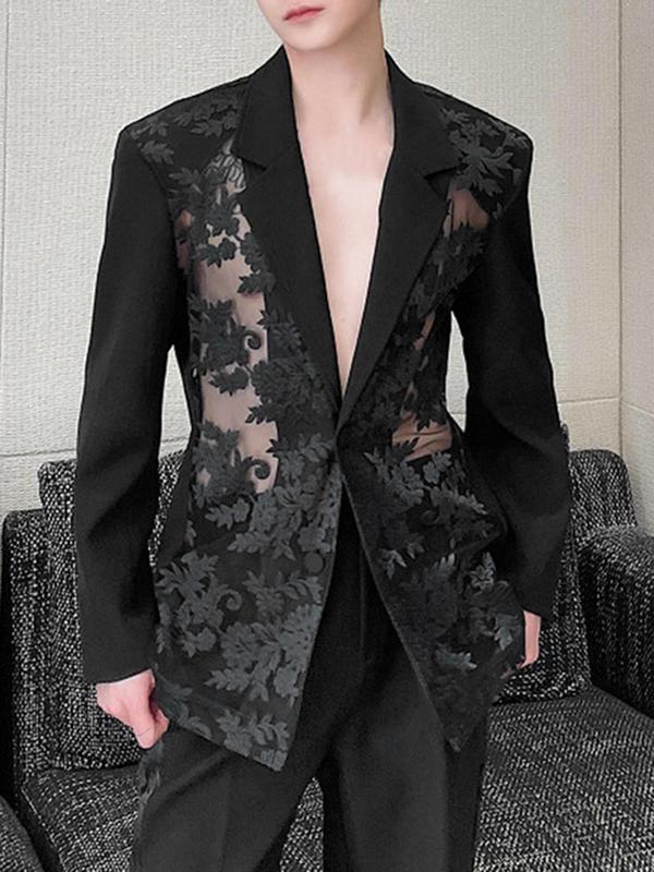 Men's Contrast Floral Lace Contrast Lace Sheer Blazer Jacket, Regular Fit Long Sleeve Lapel Neckline Suit Jacket for Party, Fashion Men's Clothing for All Seasons