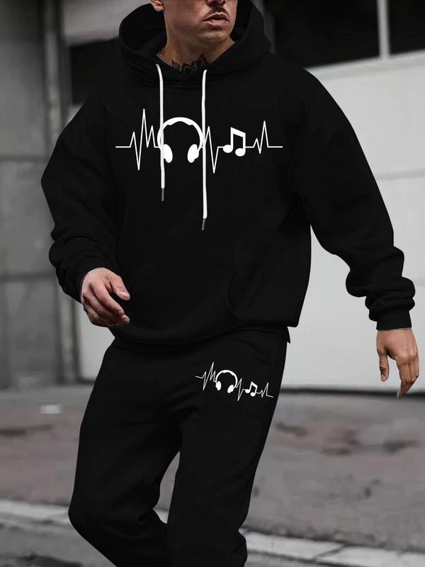 Men's Headphone Print Kangaroo Pocket Hoodie & Drawstring Waist Sweatpants Two-piece Set, Casual Long Sleeve Hooded Sweatshirt & Pocket Jogger Pants for Fall & Winter, Men's Two-piece Outfits for Daily Wear