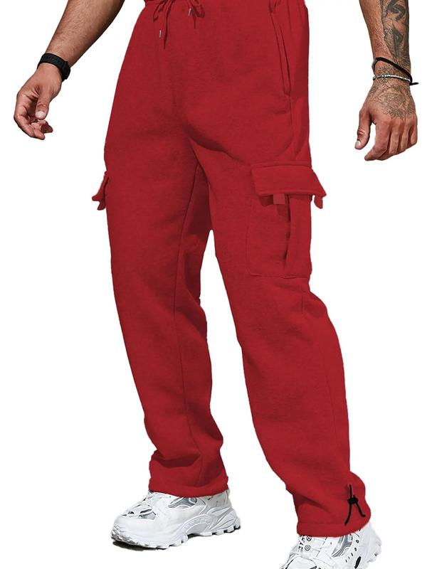 Men's Stylish Plain Flap Pocket Drawstring Waist Wide Leg Pants, Going Out Outfit, Fashion Casual Soft Stretchy Comfort Straight Leg Trousers for Daily Outdoor Wear, Men's Tracksuit for Fitness Travel, Men Cargo Pants, Fall Drippy Going Out Outfits