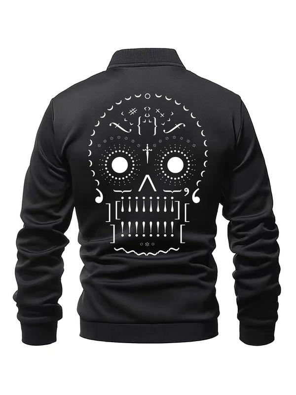 Men's Skull Print Zip Up Bomber Jacket, Regular Fit Casual Fashion Long Sleeve Mock Neck Outerwear for Spring & Fall, Men's Clothes for Daily Wear