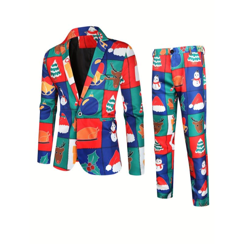 2-Piece Men's Stylish Christmas Polyester Suit Set: Digital Print Blazer and Pants Party Outfit