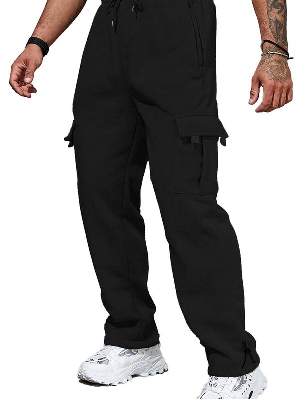 Men's Stylish Plain Flap Pocket Drawstring Waist Wide Leg Pants, Going Out Outfit, Fashion Casual Soft Stretchy Comfort Straight Leg Trousers for Daily Outdoor Wear, Men's Tracksuit for Fitness Travel, Men Cargo Pants, Fall Drippy Going Out Outfits