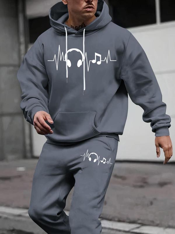 Men's Headphone Print Kangaroo Pocket Hoodie & Drawstring Waist Sweatpants Two-piece Set, Casual Long Sleeve Hooded Sweatshirt & Pocket Jogger Pants for Fall & Winter, Men's Two-piece Outfits for Daily Wear