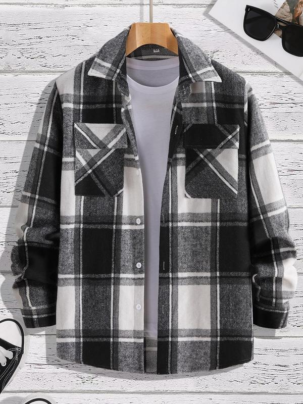 Men's Plaid Print Button Front Pocket Shirt, Regular Fit Casual Long Sleeve Collared Top for Fall & Winter, Men's Clothes for Daily Wear